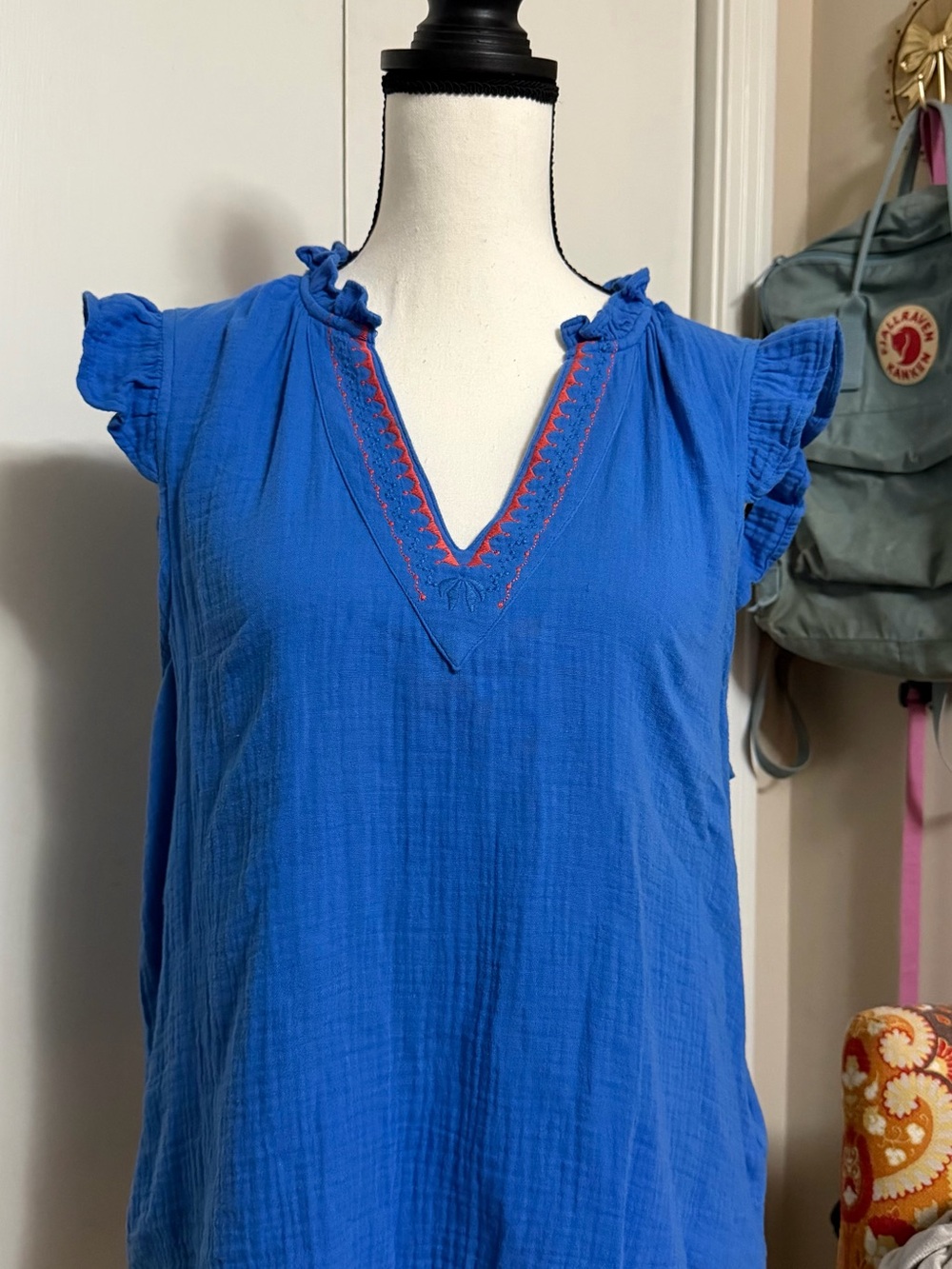 Dear John Royal Blue V-Neck Ruffle Sleeve Camisole with Coral Stitching sz sm